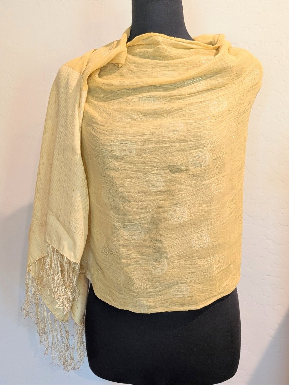 Serendipity 100% Silk Pale Yellow Sheer Gold Thread Fringed 62" X 23" Scarf Wrap